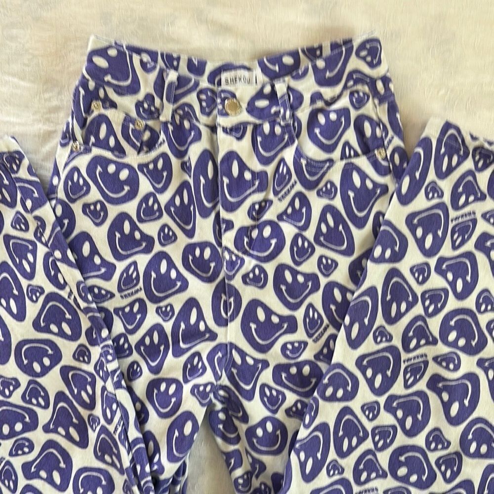 Shekou Purple Melty Smiley Face Pants Denim Wide Leg High Waist Size S